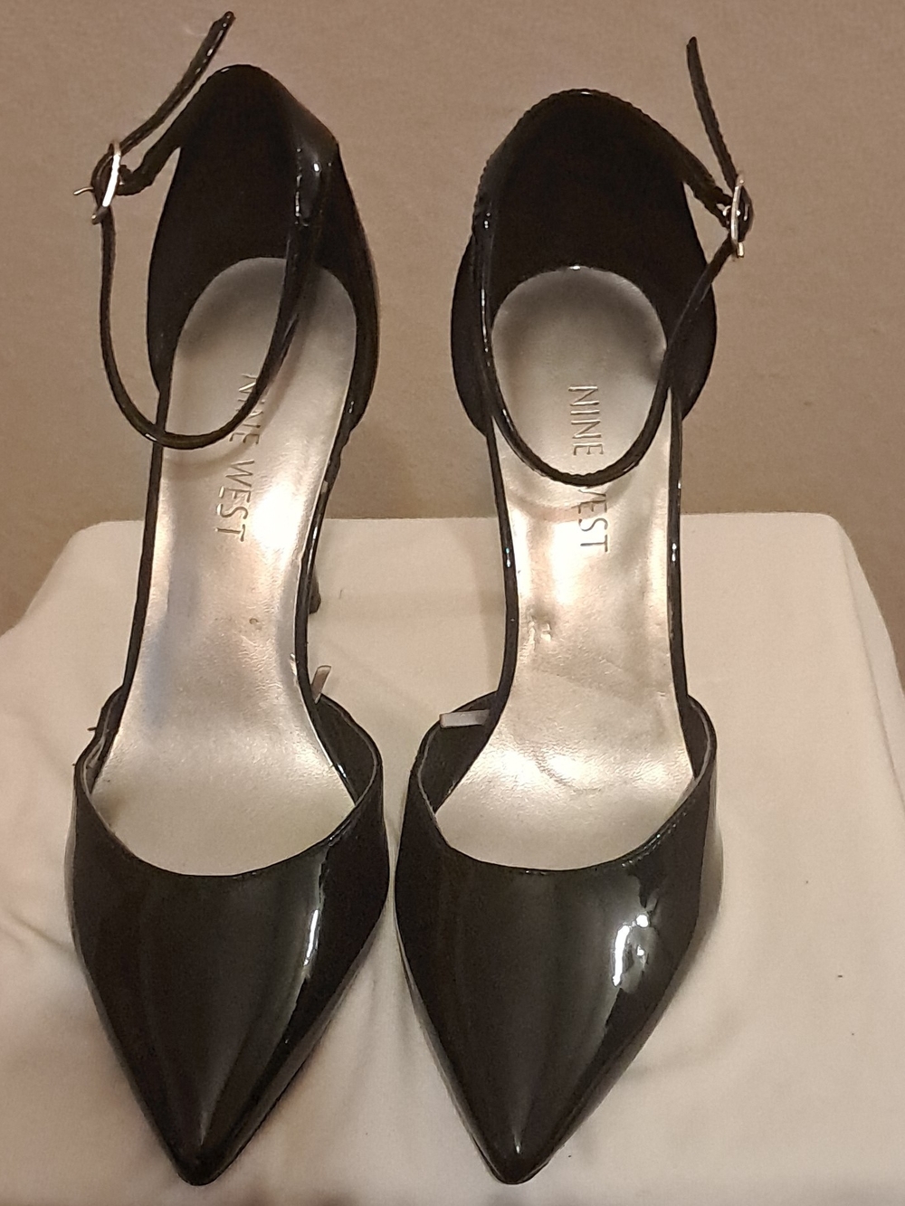 Nine West Black Patent Pointed-Toe Ankle Strap Heels